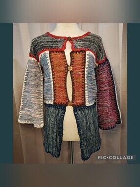 🧶🧵Vtg 70's Wenjilli Multicolor Mixed Media Patchwork Knit Cardigan Sweater🧵🧶